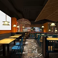 Modern Restaurant Interior With Wooden Tables Blue Chairs Hanging Lamps And Bamboo Decorations