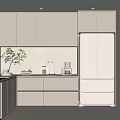 Modern White Kitchen With Cabinets Refrigerator Tile Backsplash And Countertop Coffee Machine 3d model