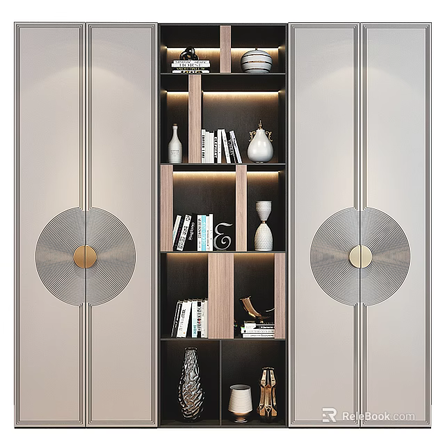 Modern Wardrobe Design With Open Shelves Books Decorative Vases LED Lighting And Circular Accent Panels 3d model 