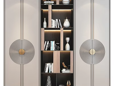 Modern Wardrobe Design With Open Shelves Books Decorative Vases LED Lighting And Circular Accent Panels 3d model