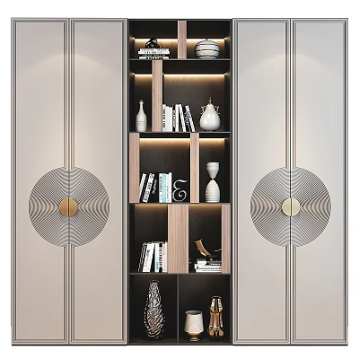 Modern Wardrobe Design With Open Shelves Books Decorative Vases LED Lighting And Circular Accent Panels 3d model