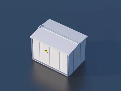 Industrial Equipment Outdoor White Metal Enclosure With Sloped Roof And Warning Signs 3d model