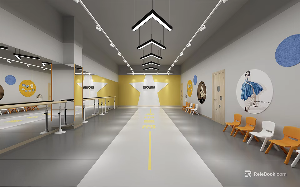School Dance Studio With Yellow Walls Mirrors Orange White Chairs And Black Pendant Lights 3d model 