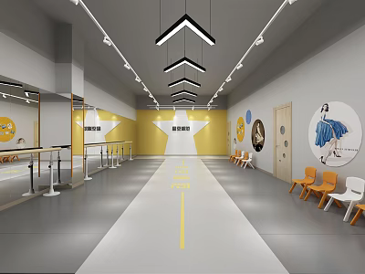 School Dance Studio With Yellow Walls Mirrors Orange White Chairs And Black Pendant Lights 3d model