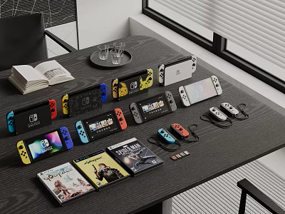 Diverse Entertainment Electronics With Game Consoles Colorful Controllers And Cartridges On Desk 3d model
