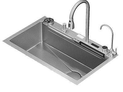Stainless Steel Kitchen Sink With Single Bowl Drain Board Modern Faucet And Accessories 3d model
