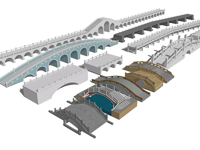 Various Types Of Bridges Including Stone Arch And Beam Designs With Architectural Details 3d model