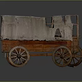 Vintage Old Covered Wagon Featuring Wooden Structure Worn Canvas Cover and Rustic Wooden Wheels