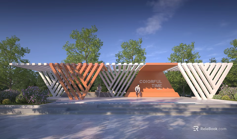 Colorful Wooden Geometric Pergola With Trees And People In Outdoor Leisure Area 3d model 
