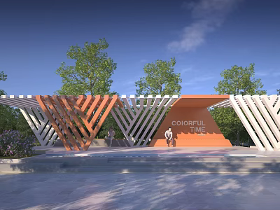 Colorful Wooden Geometric Pergola With Trees And People In Outdoor Leisure Area 3d model