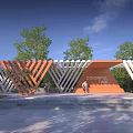 Colorful Wooden Geometric Pergola With Trees And People In Outdoor Leisure Area