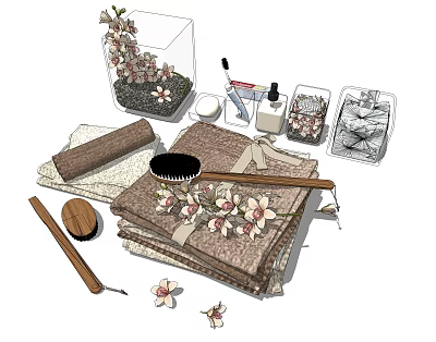 Elegant Stacked Towels With Floral Accents Small Glass Containers And Wooden Decor Tools 3d model
