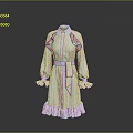 Striped Stand Collar Dress With Bishop Sleeves Ruffled Cuffs Red Belt And Ruffled Hem