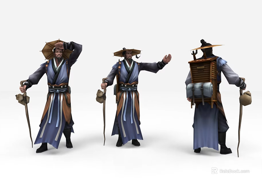 Traditional Wanderer Characters In Robes With Bamboo Hats Backpacks And Staffs In Various Poses 3d model 