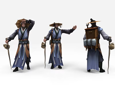 Traditional Wanderer Characters In Robes With Bamboo Hats Backpacks And Staffs In Various Poses 3d model
