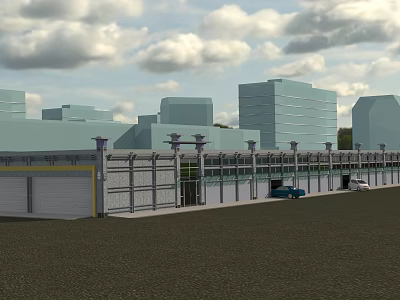 Modern Industrial Warehouse Complex With Parking Lot And Vehicles Exterior View 3d model