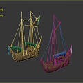 Ancient Wooden Sailing Ships Model Display With Masts Blue Flags And Wooden Hulls