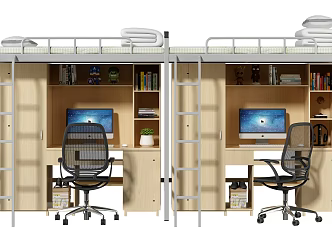 Modern Upper and Lower Bed Bunk Bed in Student Dormitory 3d model