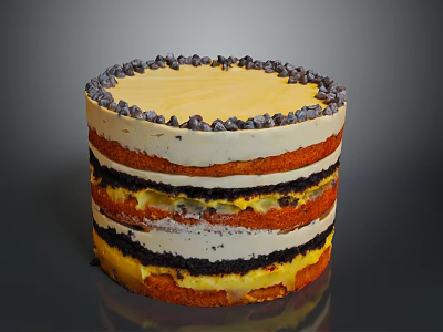 Delicious Layered Cake With Yellow Cream Topping Blueberry Garnish And Colorful Inner Layers 3d model