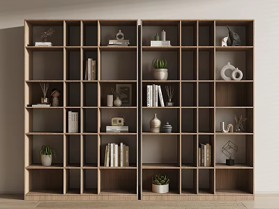 Wooden Bookcase With Open Cube Shelves Featuring Books Decorative Items and Potted Plants 3d model