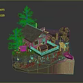 Scenic Log Cabin Model With Wooden Deck Pine Trees And Boat On Water