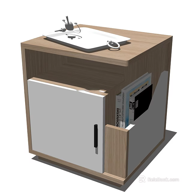 Wooden Side Table With White Cabinet Door And Open Shelf For Books Magazines 3d model 