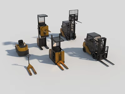 Various Types of Industrial Forklifts Including Cabin Models and Fork Attachments 3d model