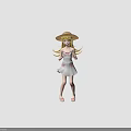 Three Views Of 3D Blonde Girl Character In Dress With Straw Hat And Bow Sandals