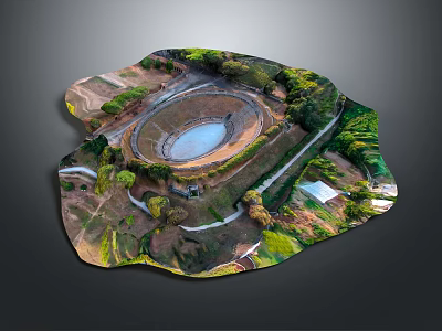 Aerial View of Scenic Landscape With Circular Structure Water Pond Green Trees and Paths 3d model