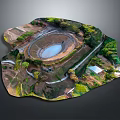 Aerial View of Scenic Landscape With Circular Structure Water Pond Green Trees and Paths