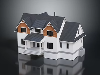 Traditional House Exterior Design With Black Roof White Walls And Brown Wooden Panels 3d model