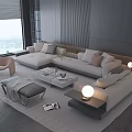 Modern Minimalist Grey Living Room Interior With Large Panoramic Windows And Comfortable Sectional Sofa Sets