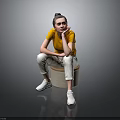 Woman In Yellow Top Sitting On Round Stool With White Pants And Reflective Floor