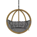 Cozy Round Hanging Chair With Wooden Frame And Gray Padded Cushion