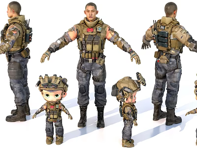 Game character Q version character soldier 3d model