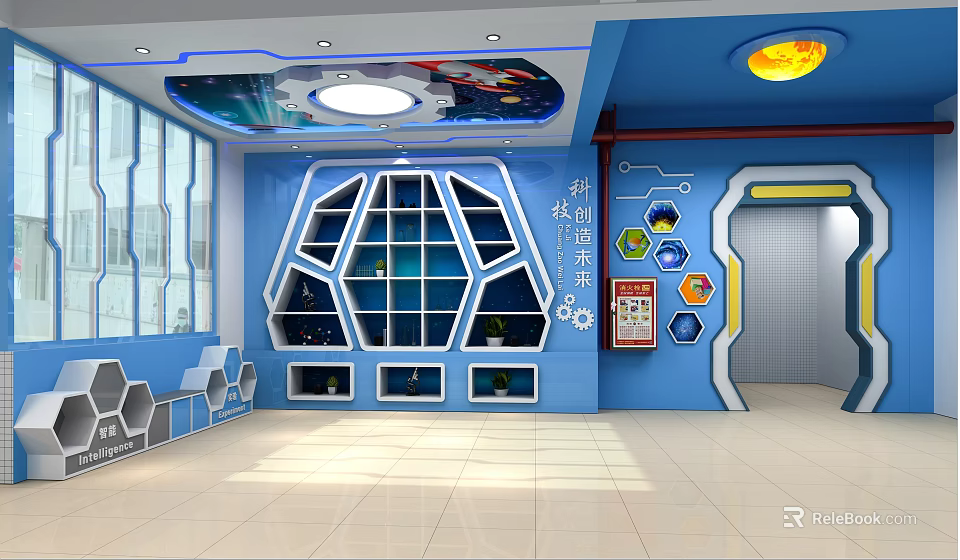 School Science Exploration Room Interior With Blue Walls Hexagonal Decorations Display Shelves And Space Themed Ceiling 3d model 