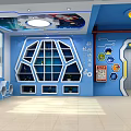 School Science Exploration Room Interior With Blue Walls Hexagonal Decorations Display Shelves And Space Themed Ceiling