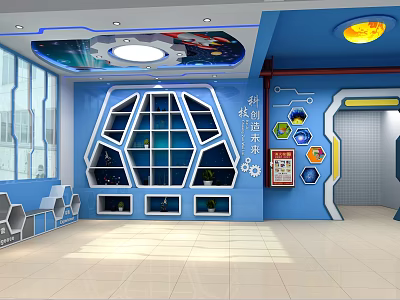 School Science Exploration Room Interior With Blue Walls Hexagonal Decorations Display Shelves And Space Themed Ceiling 3d model