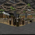 Supermarket Department Store Interior With Wooden Ceiling Green Plants Fresh Produce Baskets And Shelves