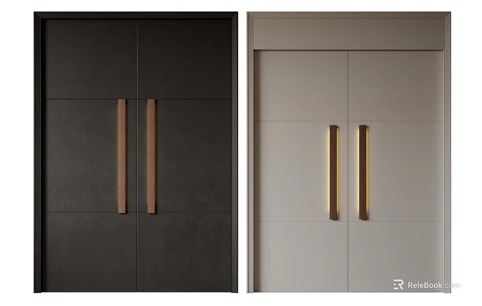 Modern Minimalist Double Doors With Dark And Light Panels And Long Metal Handles 3d model 
