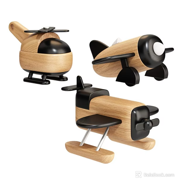 Wooden Toy Airplane And Helicopter Models With Black Accent Details 3d model 