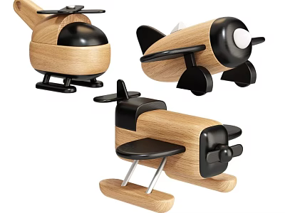 Wooden Toy Airplane And Helicopter Models With Black Accent Details 3d model