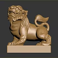 Golden Lion Statue With Intricate Carvings On Square Base And Dark Background