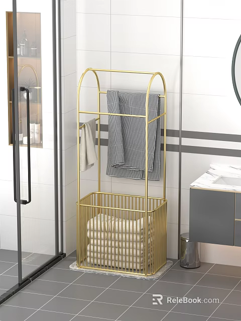 Golden Bathroom Shelf with Gray Striped Towel and White Towels Storage in Modern Bathroom 3d model 
