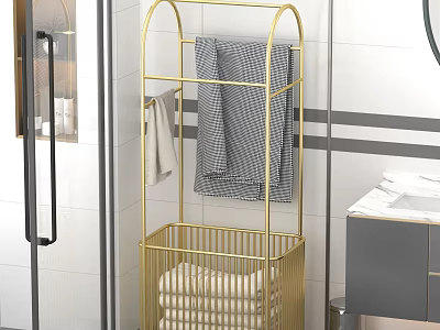 Golden Bathroom Shelf with Gray Striped Towel and White Towels Storage in Modern Bathroom 3d model