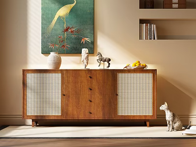 Wooden Entryway Console Table With Rattan Panels Decorative Figurines And Fruit Bowl 3d model