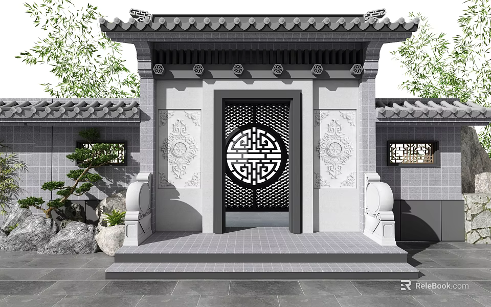 Traditional Chinese Gateway Facade With Grey Tiled Roof Carved Walls And Circular Lattice Door 3d model 