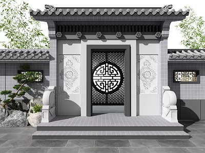 Traditional Chinese Gateway Facade With Grey Tiled Roof Carved Walls And Circular Lattice Door 3d model