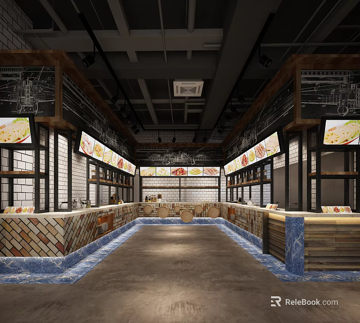 Contemporary Restaurant Interior Featuring Wooden Elements Tile Counter And Display Screens 3d model