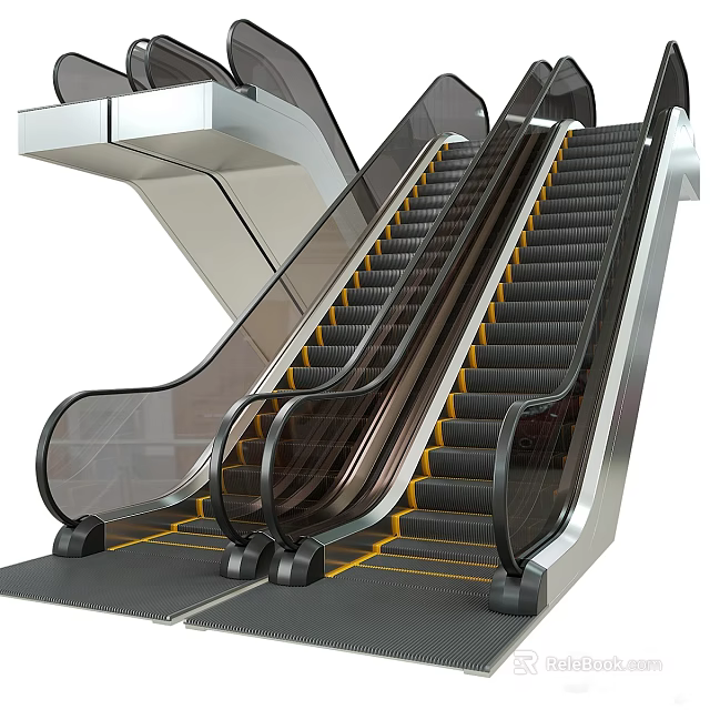 Modern Escalators With Transparent Glass Handrails Metal Frames And Steps Design 3d model 